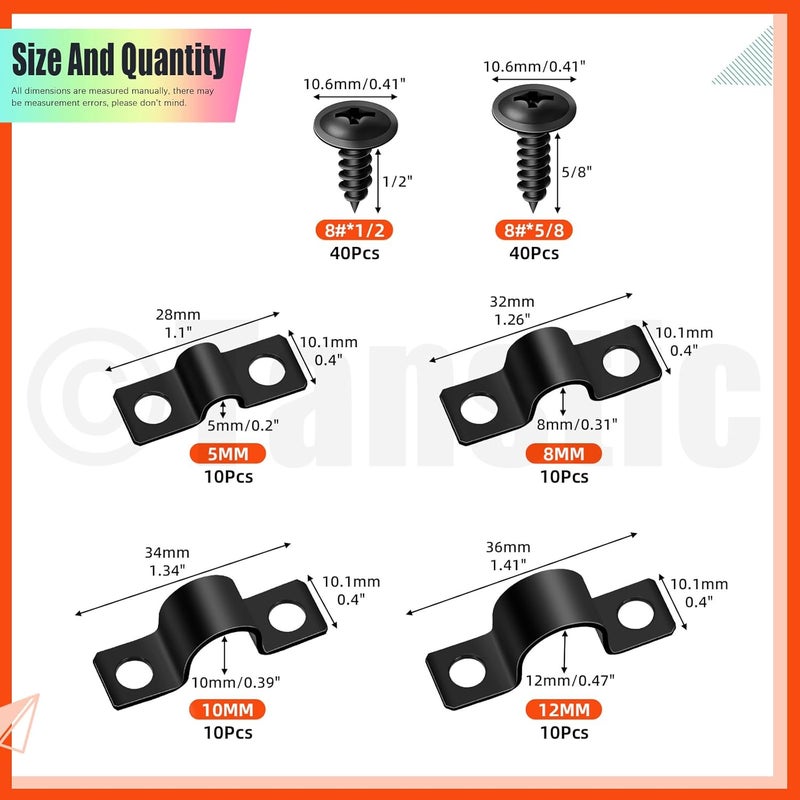 Tanstic 40Pcs Black Two Hole Pipe Strap, 3/16” 5/16” 3/8” 1/2” Two Hole Strap U Bracket Rigid Pipe Strap Pipe Strap Clamp with Phillips Modified Truss Head Wood Screws for Fixing Conduit, U Bracket - Image 2